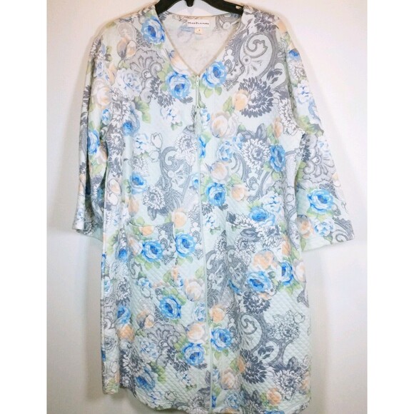 MISS ELAINE FRONT ZIP FRENCH KNIT Summer ROBE modest Floral flowers Sz small EUC - Picture 1 of 3